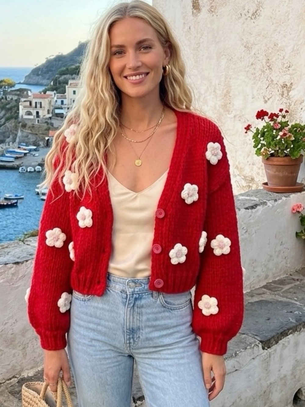 Luna Ivy 3D Flower Red Chunky Knit Boho Cardigan Sweater